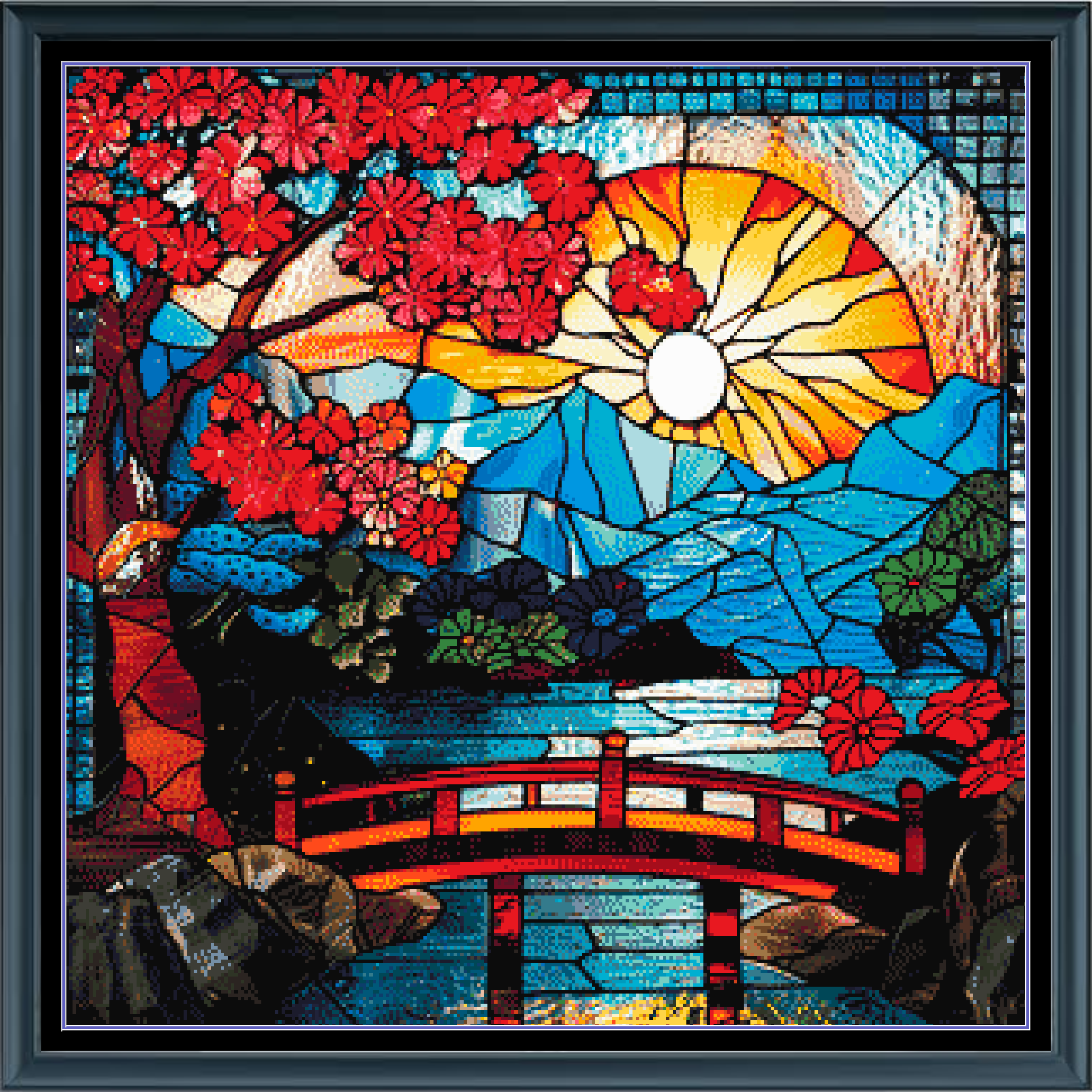 Stitching Jules Design Cross Stitch Pattern Summer Bridge Sunset Geometric Stained Glass Full Coverage Counted Cross Stitch Pattern Digital Download